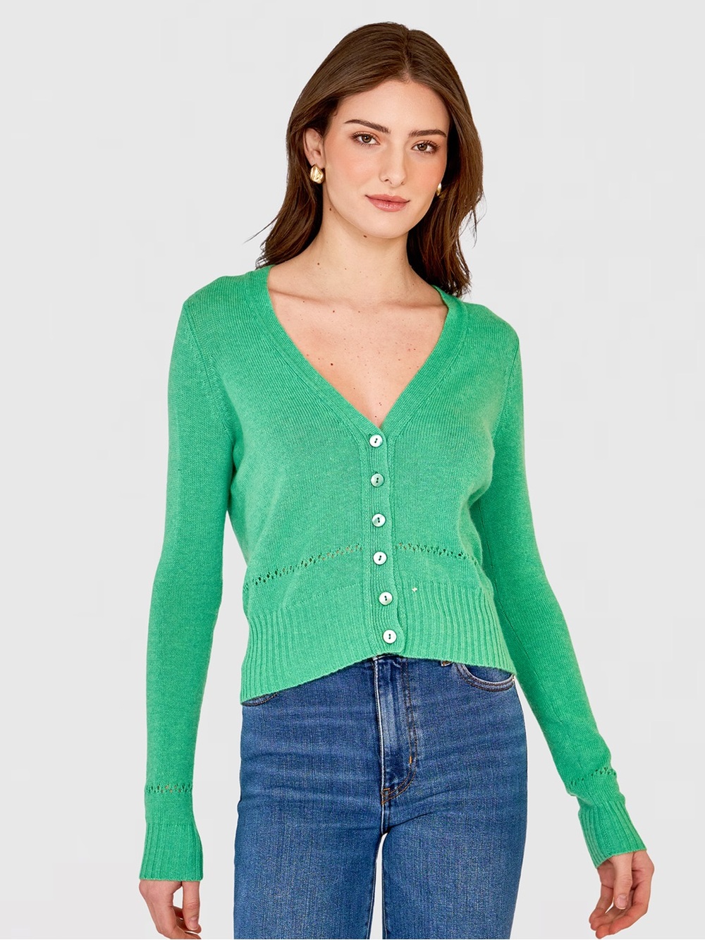 Autumn Cashmere V-Neck Cardigan W/ Pointelle Stitch Detail In Spearmint Small